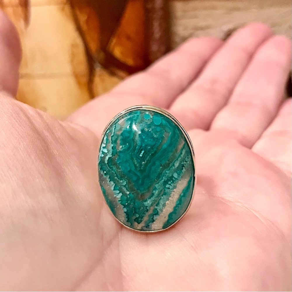 Green Mexican Laguna Lace Agate Gemstone Silver Ring Size 8.5 - Picture 5 of 6